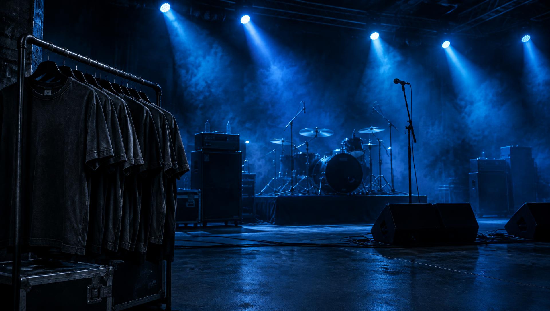 Panggung konser dengan lampu biru dan rak kaos vintage